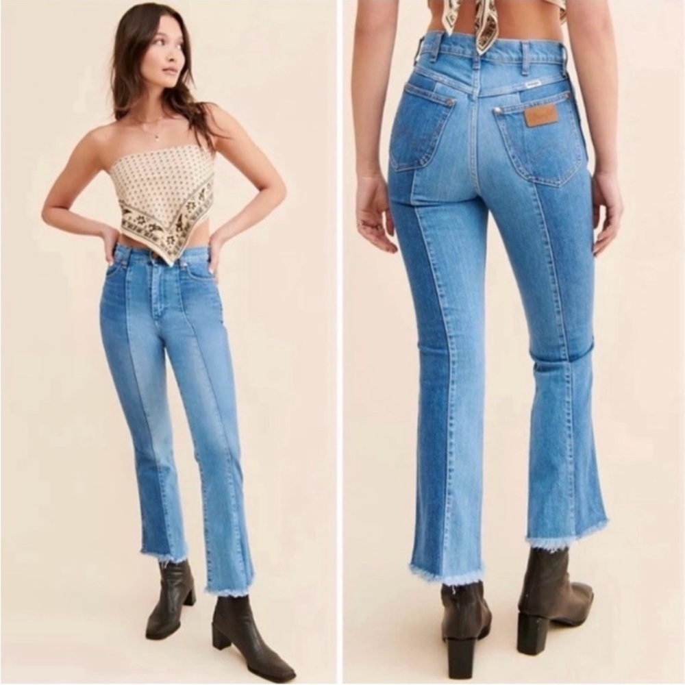 Wrangler Wrock Patchwork Jeans Western High Rise Kick Flare 35x28 EUC Earth Wash